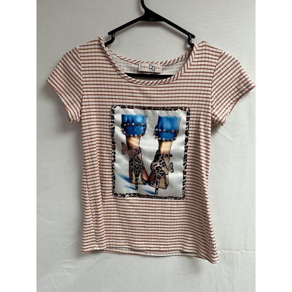 Dream Girl Short Cap sleeve Crew neck Embellished Pearls T shirt Striped